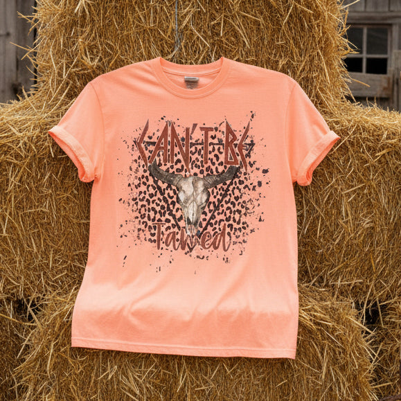 Coral t-shirt with a country graphic design and text on a haystack in a barnyard