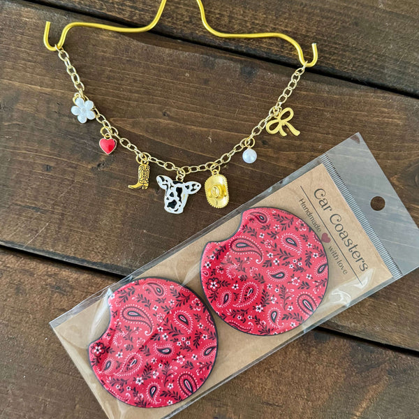 Red paisley car charm necklace with matching red paisley car coasters.