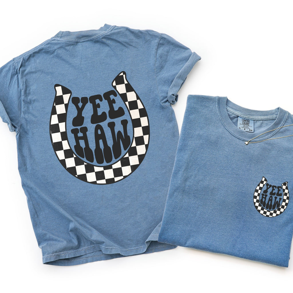checkered horseshoe yee haw western graphic tee comfort colors shirt