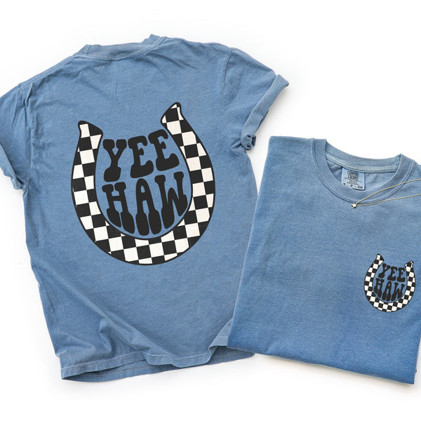 checkered horseshoe yee haw western graphic tee comfort colors shirt