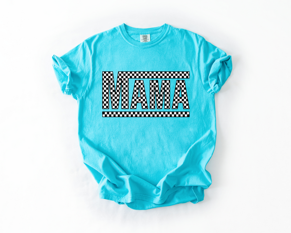 Checkered Mama Tee | Soft Comfort Colors Shirt Race Pattern Lagoon Blue