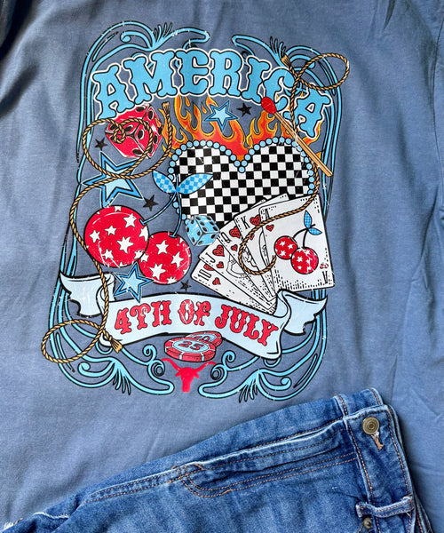 Cherry Checkered Fourth of July Graphic Tee Comfort Colors Blue Jean