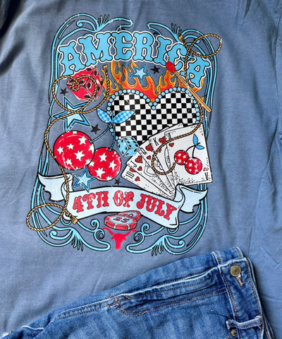 Cherry Checkered Fourth of July Graphic Tee Comfort Colors Blue Jean