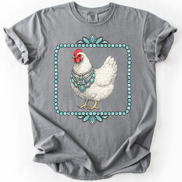 Show Life chicken graphic tee with turquoise western style frame on gray Comfort Colors shirt