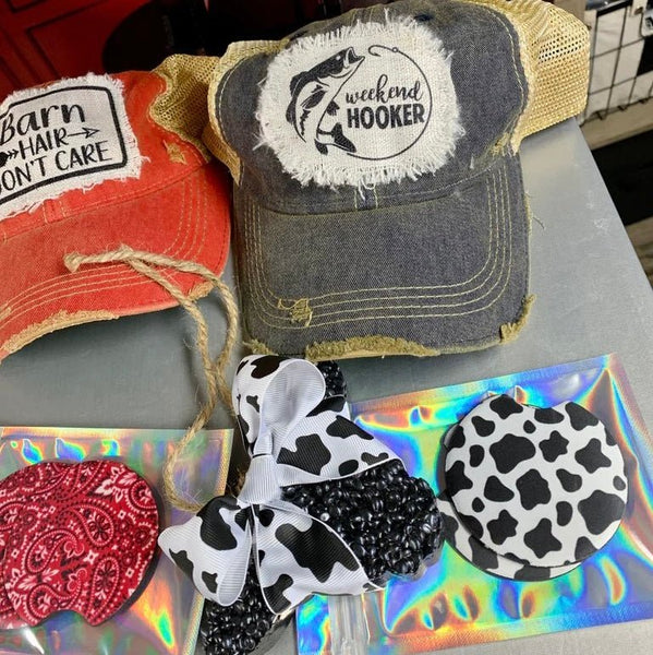 Cow Print Car Coasters | Country Style Vehicle Drink Holder Inserts - The Stenciled Barn