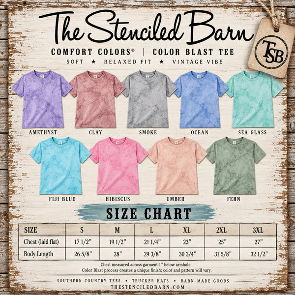 Comfort Colors Color Blast tee color options and size chart for The Stenciled Barn graphic tees