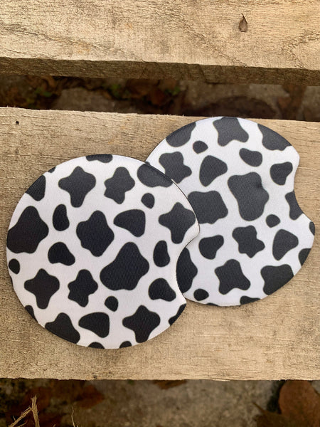 Cow Print Car Coasters, Country Style Vehicle Decor, Rubber Bottom, Universal Fit, Fingertip Grip Vehicle Cup Holder Inserts