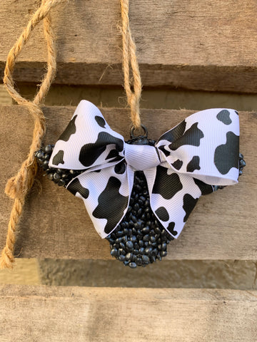 Cow Print Car Freshener | Punchy Western Vehicle Accessory for Rearview Scented Aroma Beads, Cute Heifer Wearing Big Black & White Bow Hanging From Rope