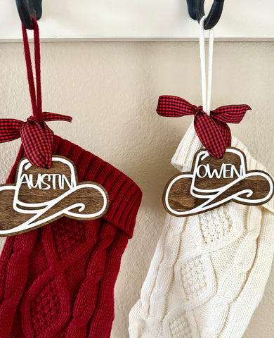 Cowboy Hat Ornament | Custom Wooden Name Tags for Gifts, Christmas Tree or Stockings, Country Holiday Themed