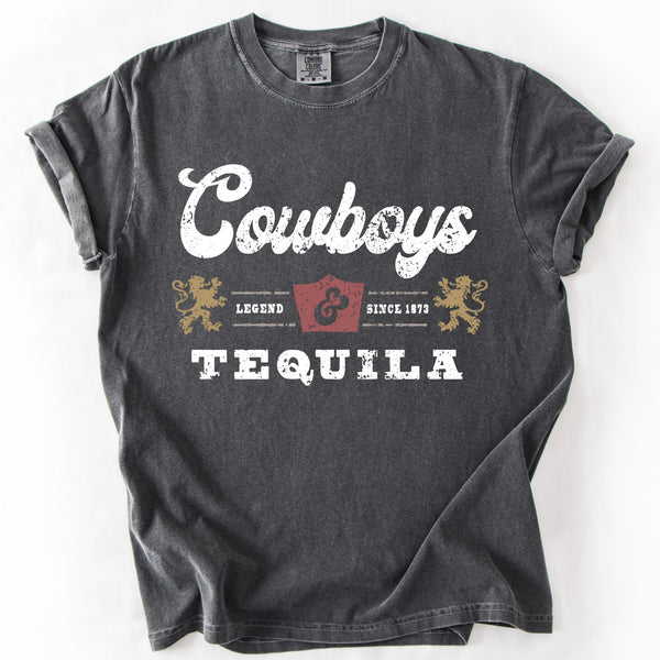 Cowboys & Tequila vintage western graphic on a Pepper Comfort Colors unisex t-shirt with a distressed country design.