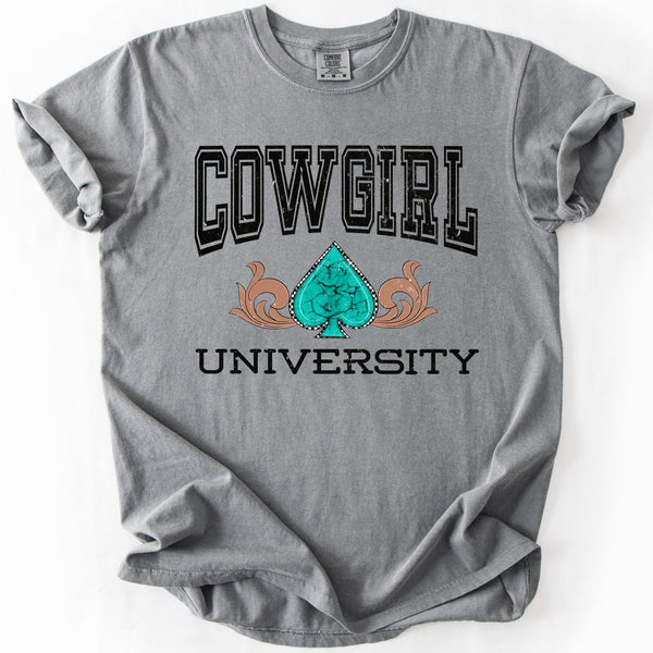 Cowgirl University western graphic tee with turquoise spade design on grey Comfort Colors shirt