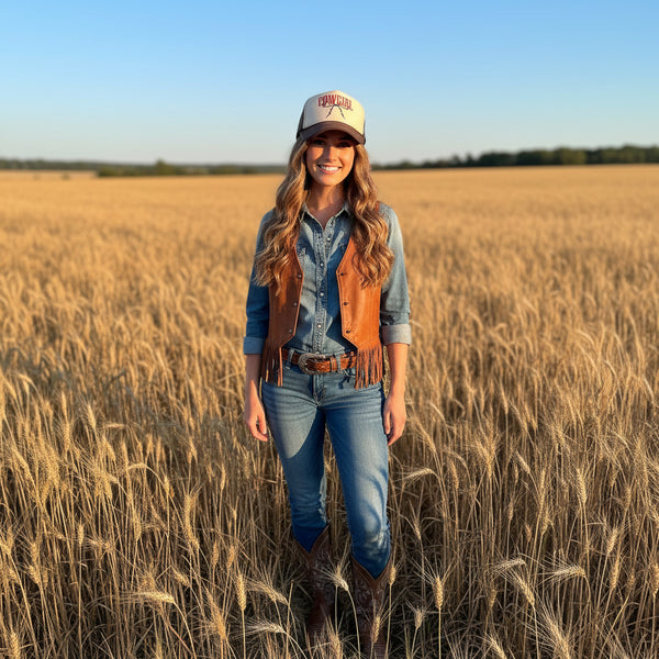 Model wearing Trucker hat with 'Cowgirl' and barbed-wire design standing in a country field.