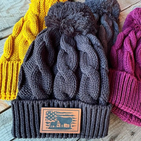 Cowgirl Patch Beanie | Western - Inspired Knit Hat with American Flag & Cows Patch | Cozy Winter Accessory - The Stenciled Barn