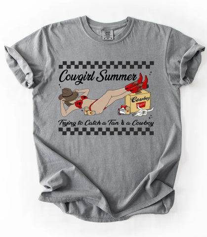 Cowgirl Summer Tee, Trying To Catch A Tan and a Cowboy Funny Graphic Stylish Shirt