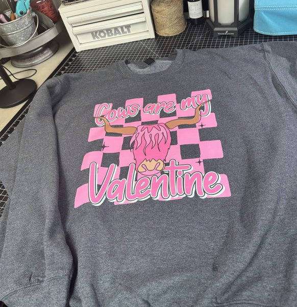 Cows Are My Valentine cow graphic sweatshirt in graphite heather flat lay