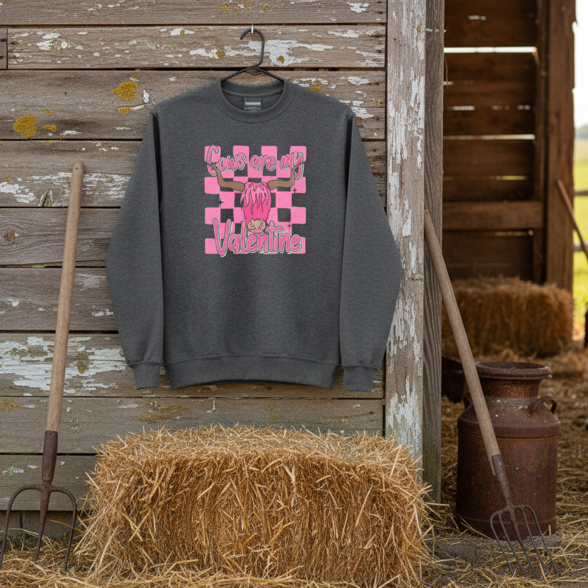Cows Are My Valentine cow graphic sweatshirt in graphite heather hanging in a barnyard