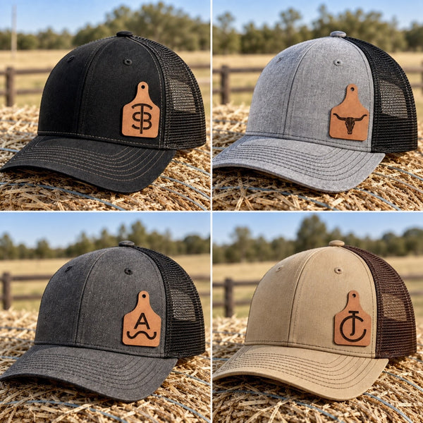 Custom cattle brand patch hat color options with personalized leatherette ear tag patches