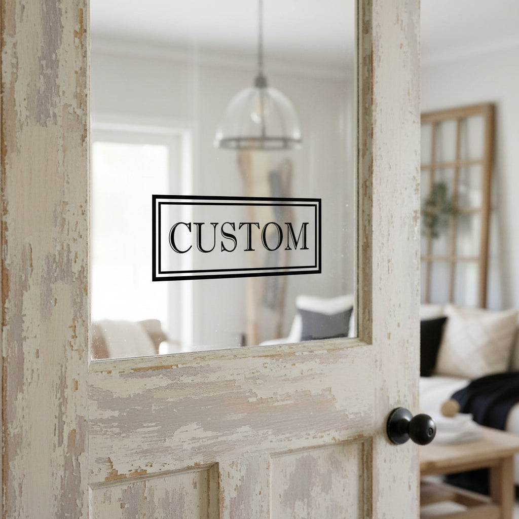 Decorative door with a distressed finish and 'CUSTOM' label in a home setting.