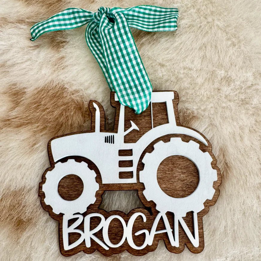 Personalized Custom Tractor Ornament | Country Christmas Wooden Stocking Tag Holiday Decor - The Stenciled Barn