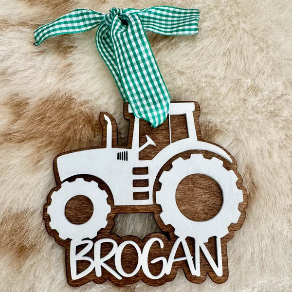 Personalized Custom Tractor Ornament | Country Christmas Wooden Stocking Tag Holiday Decor - The Stenciled Barn