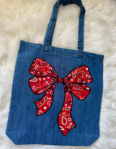 Denim Tote Bag Paisley Bow, Country Western Girly, Coquette Vibes