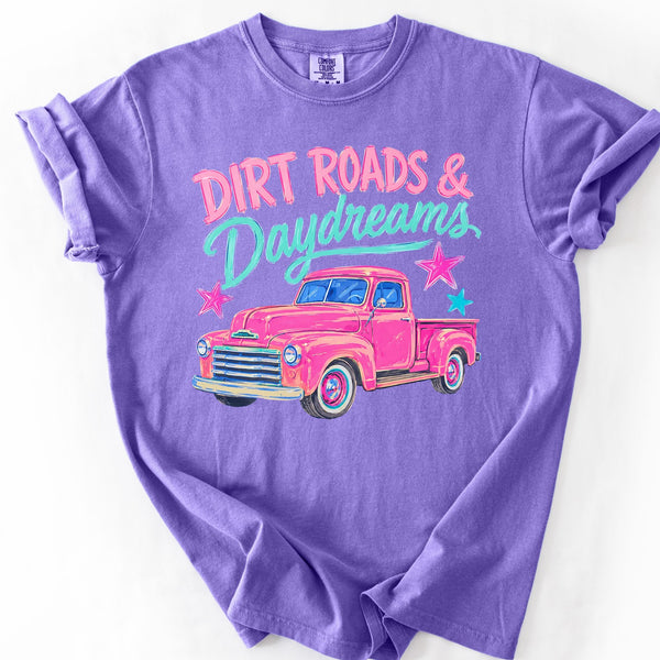 Comfort Colors Violet graphic tee with Dirt Roads & Daydreams retro truck design laid flat on white background