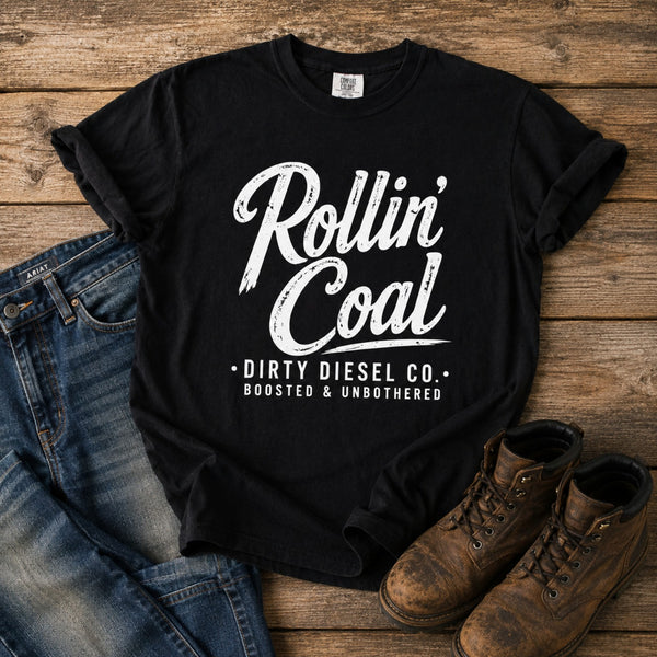 Rollin Coal diesel graphic tee for men on black Comfort Colors shirt with worn jeans and work boots