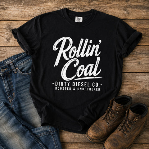 Rollin Coal diesel graphic tee for men on black Comfort Colors shirt with worn jeans and work boots