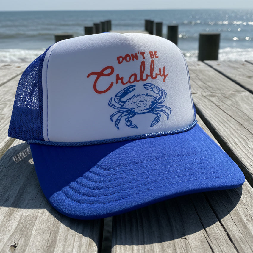 Don’t Be Crabby trucker hat blue and white mesh snapback with crab graphic funny summer beach hat
