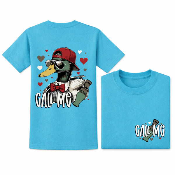 Youth duck caller Valentine graphic tee in scuba blue featuring a duck wearing sunglasses and holding a duck call