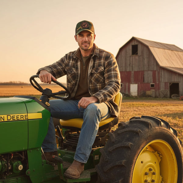 Man sitting on a John Deere tractor in a field with a barn in the background