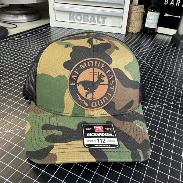 Eat More Fast Food camo Richardson 112 trucker hat with deer graphic leather patch ready to ship from The Stenciled Barn Barn Sale.