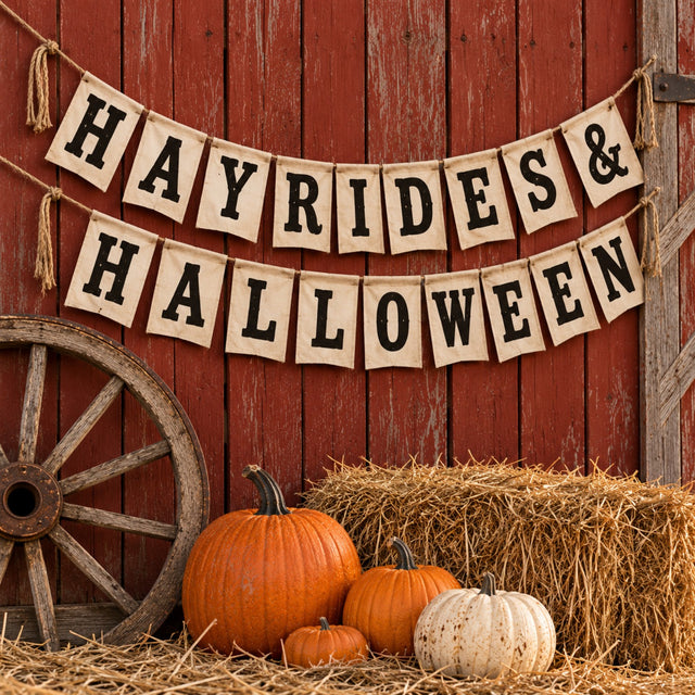 Hayrides & Halloween collection featuring fall graphic tees and trucker hats with rustic pumpkins, hay bales and red barn decor.