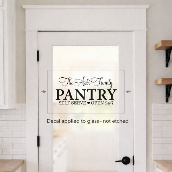 Personalized pantry door decal available in multiple widths for glass doors