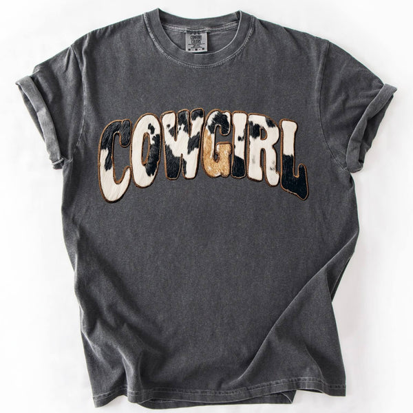Gray cowgirl graphic tee with faux cowhide animal print design on a Comfort Colors shirt