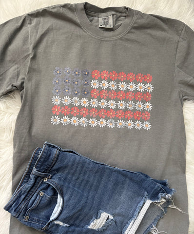 Floral USA Flag Women's Shirt | Patriotic Vibes | CC Grey Tee