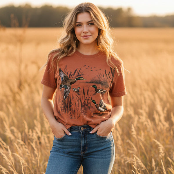 Woman wearing orange shirt with mallard duck design standing in a field.