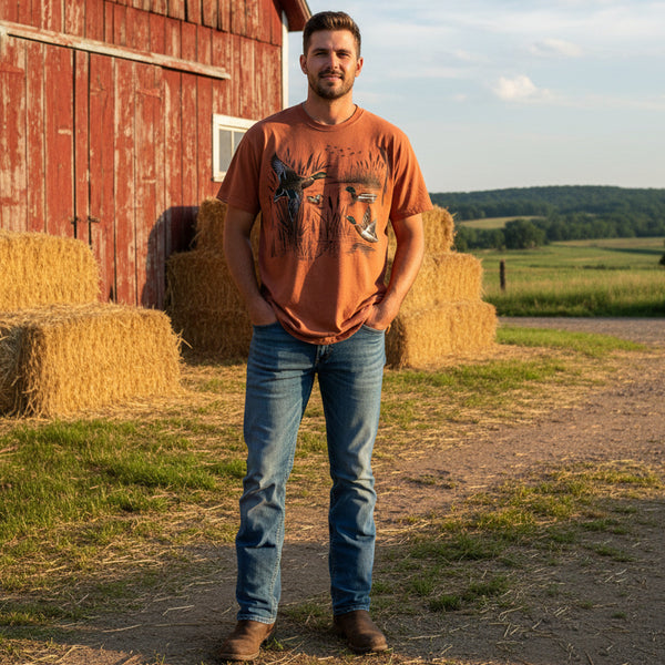 Brown t-shirt with duck design worn by a man standing in a barnyard.