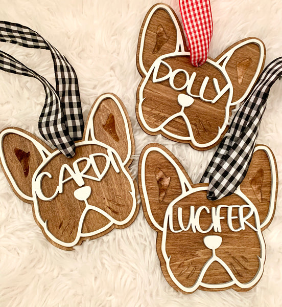 French Bulldog Ornament | Wooden Stocking Name Tag Handmade Christmas Decoration
