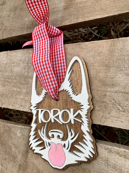 German Shepherd Ornament | Christmas Stocking Dog Name Tag Wooden Custom Decor