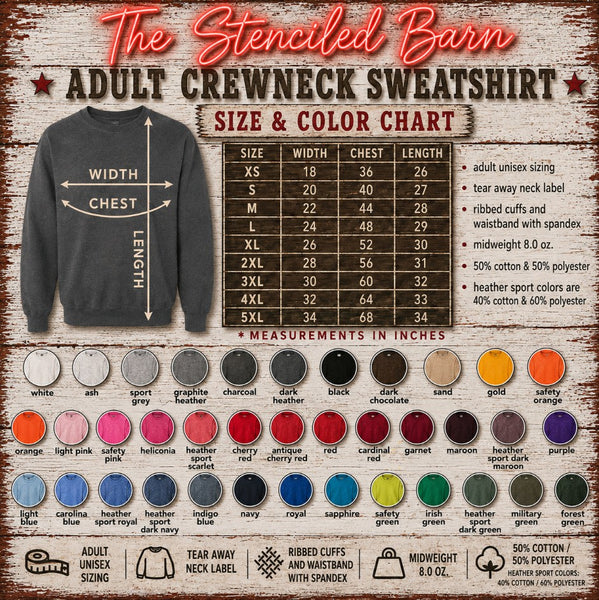 A Gildan size and color chart graphic for The Stenciled Barn Adult Crewneck Sweatshirt, featuring a gray sweatshirt with width and chest measurements, a size table from XS to 5XL, a color swatch grid, and care icons on a rustic wood background.