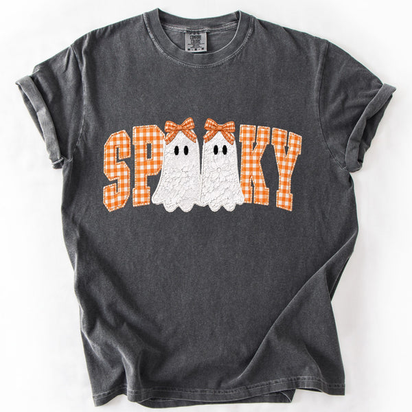 Spooky Halloween graphic tee in charcoal gray with orange gingham lettering, white lace ghosts and bow details