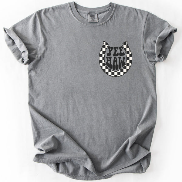Gray t-shirt with a black and white checkered horseshoe graphic and 'Yee Haw' text on a white background