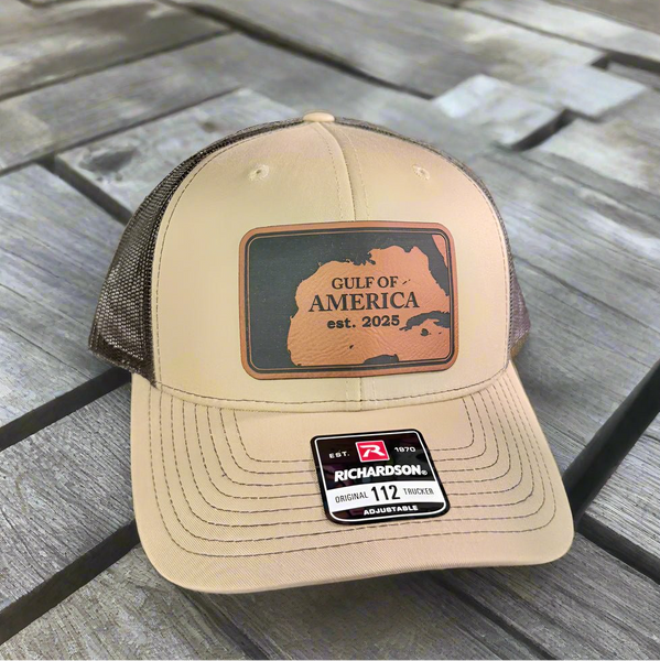 Gulf of America Men’s Hat | Engraved Leather Patch Richardson 112 Trucker Cap - The Stenciled Barn