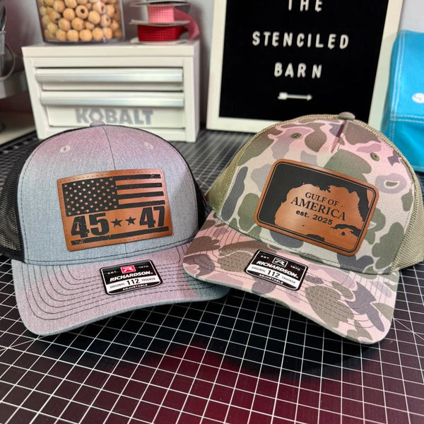 Gulf of America Men’s Hat | Engraved Leather Patch Richardson 112 Trucker Cap - The Stenciled Barn