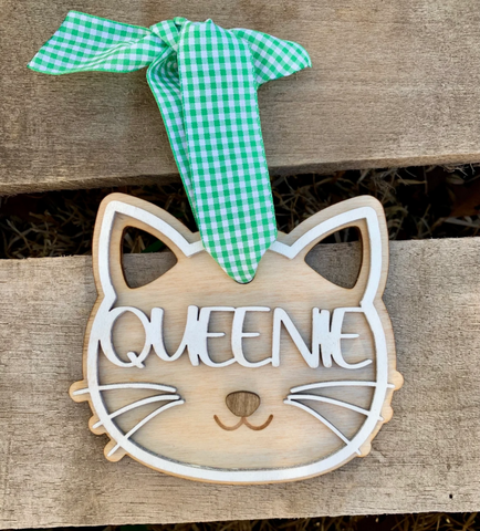 Handmade Cat Name Ornament | Wooden Christmas Tree or Stocking Tag
