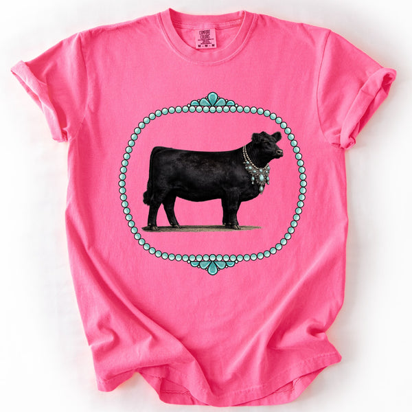 Show Life heifer graphic tee with turquoise western style frame on Comfort Colors shirt