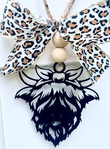Highland Cow Car Charm | Western Rear View Mirror Hanging Decor Wooden with Leopard Print Bow & Natural Wood Beads