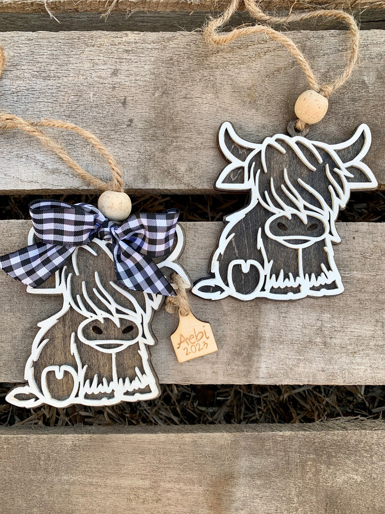 Highland Cow Custom Ornament | Rustic Farmhouse Decor Personalized For Christmas Tree Wooden Laser Cut Shapes