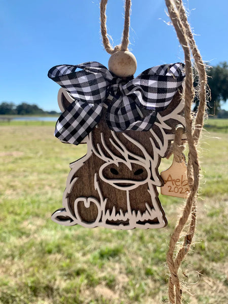 Highland Cow Custom Ornament | Rustic Farmhouse Decor Personalized For Christmas Tree Wooden Laser Cut Shapes
